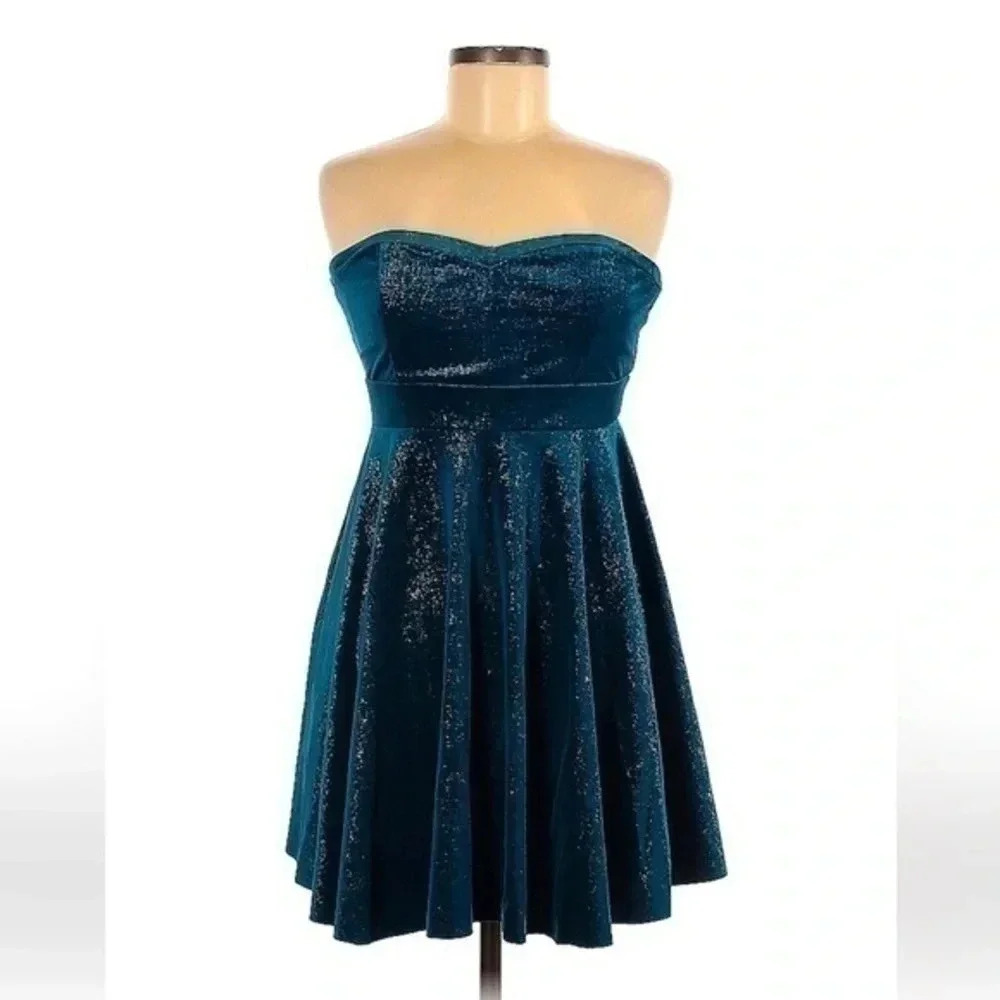 Free People Turquoise Shatter Shine Velvet Tube Sparkle Strapless Dress Size M - Picture 3 of 5